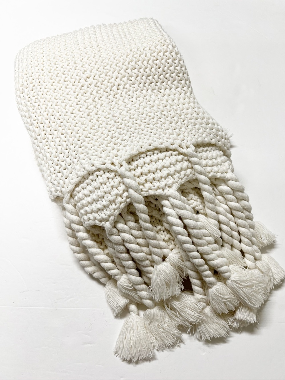 West Elm Home Soft Cream Chunky Knit Braided Fringe Throw Blanket 42" X 54"